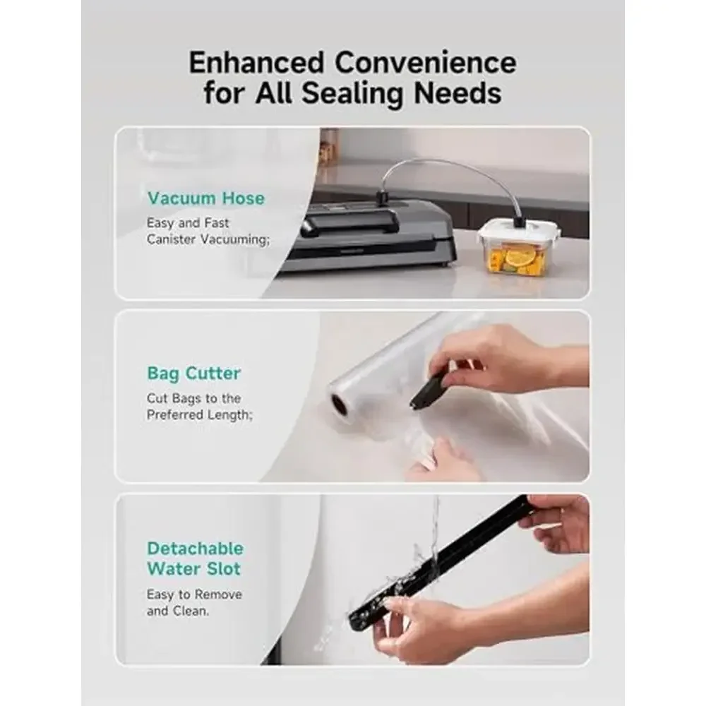 Máquina seladora a vácuo com alça de alimentos, design bloqueado, cortador embutido, design compacto com kit inicial, vedação de frescor, vários modos