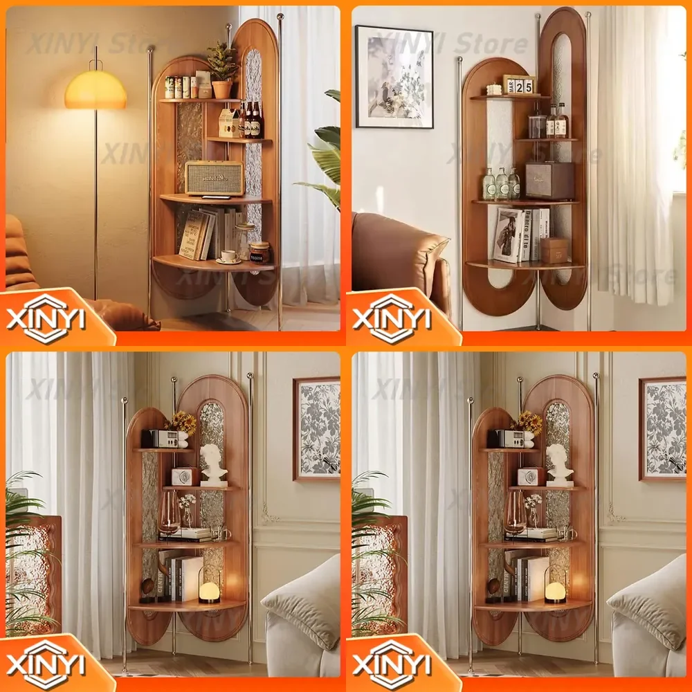 for Medieval Nordic Corner Bookcase for Small Apartment Bedroom Floor to Ceiling Solid Wood Retro Triangular Storage Rack