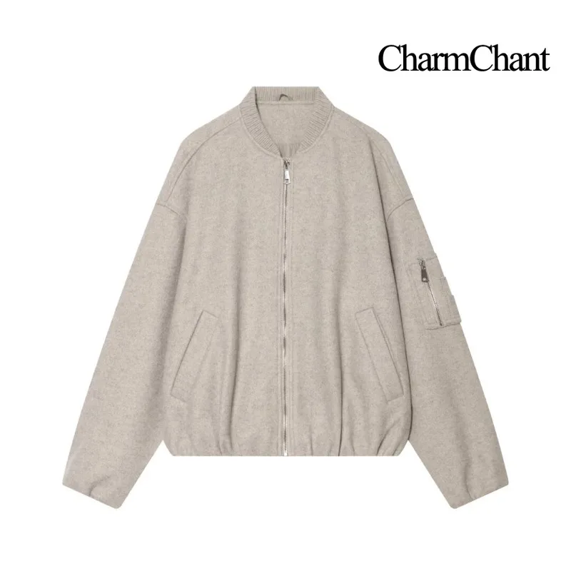 CHARMCHANT Women's Oversized Woolen Bomber Jacket Zip Up Ribbed Collar Drop Shoulder Loose Fit Outerwear Daily Street Fall 2026
