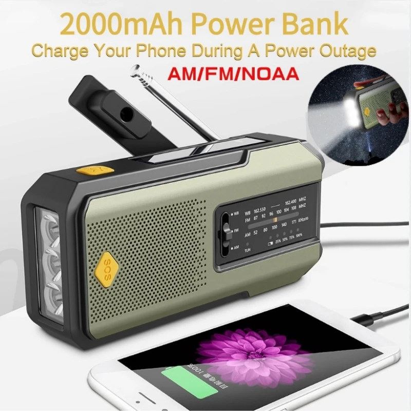 Emergency Hand Crank Solar Radio 2000mAh Power Bank Phone Charger AM/FM/WB NOAA Portable Weather Radio SOS Alarm for Outdoor