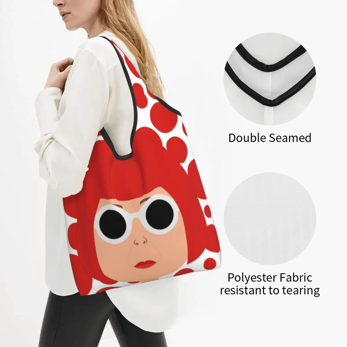 Cute Polka Yayoi Kusama Shopping Tote Bag Portable Abstract Art Groceries Shoulder Shopper Bag