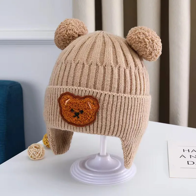 Baby Wool Hat Cute Bear Ear Protection Hat Children Winter Thickened Warm Knitted Korean Version Of The Baby Hat