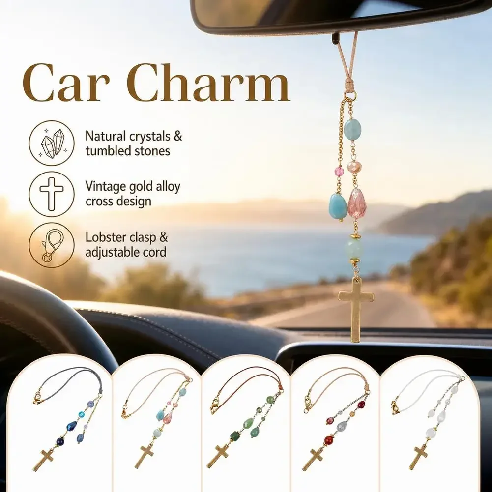 Water Droplet Crystal Cross Pendant, Car Interior Decoration Pendant, Random Shaped Stone Gold Chain Cross Car Pendant