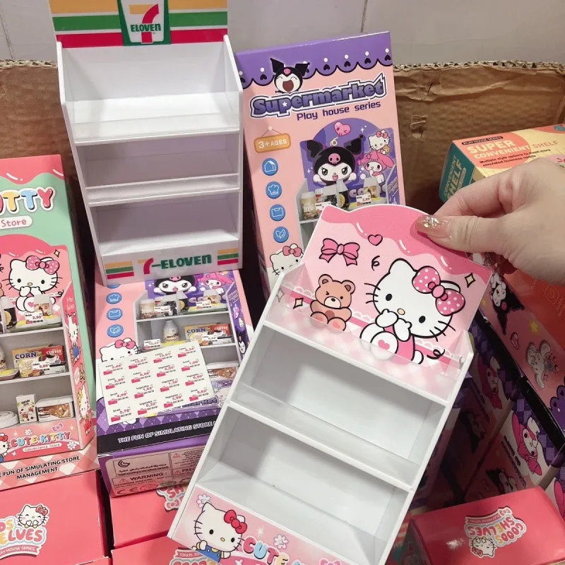 

Kawaii Sanrio Anime Kuromi Hello Kitty Cartoon Mini Shelf Mini Food Play Showcase Flower Rack Birthday Gift