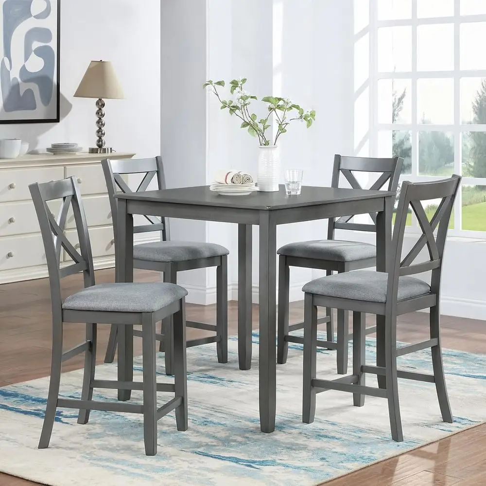 

5-Piece Counter-Height Farmhouse Dining Set with 4 Grey Upholstered Chairs for Kitchen and Dining Room