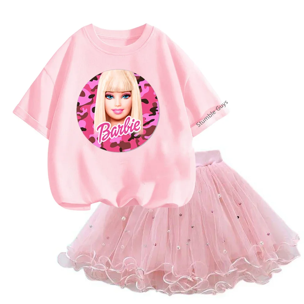 Kawaii Barbies Tshirt Set Tutu Mesh Skirt Kids T-shirt Fashion Summer 3-14y Girls Hello Kitty Dress 2pcs Outfits Pretty Little