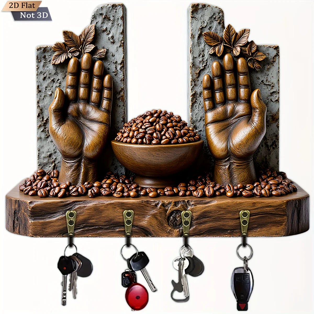 2D plano, 1 pieza, gancho para llaves de arte de café de doble palma, colgador de llaves para el hogar multifunción de madera, con cuatro ganchos de metal, decoración de pared,