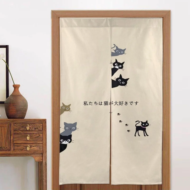 VIKAMA Türvorhang im japanischen Stil mit Katzenmuster, Sichtschutz und dekorative Funktion, geeignet für Schlafzimmer und Küchen