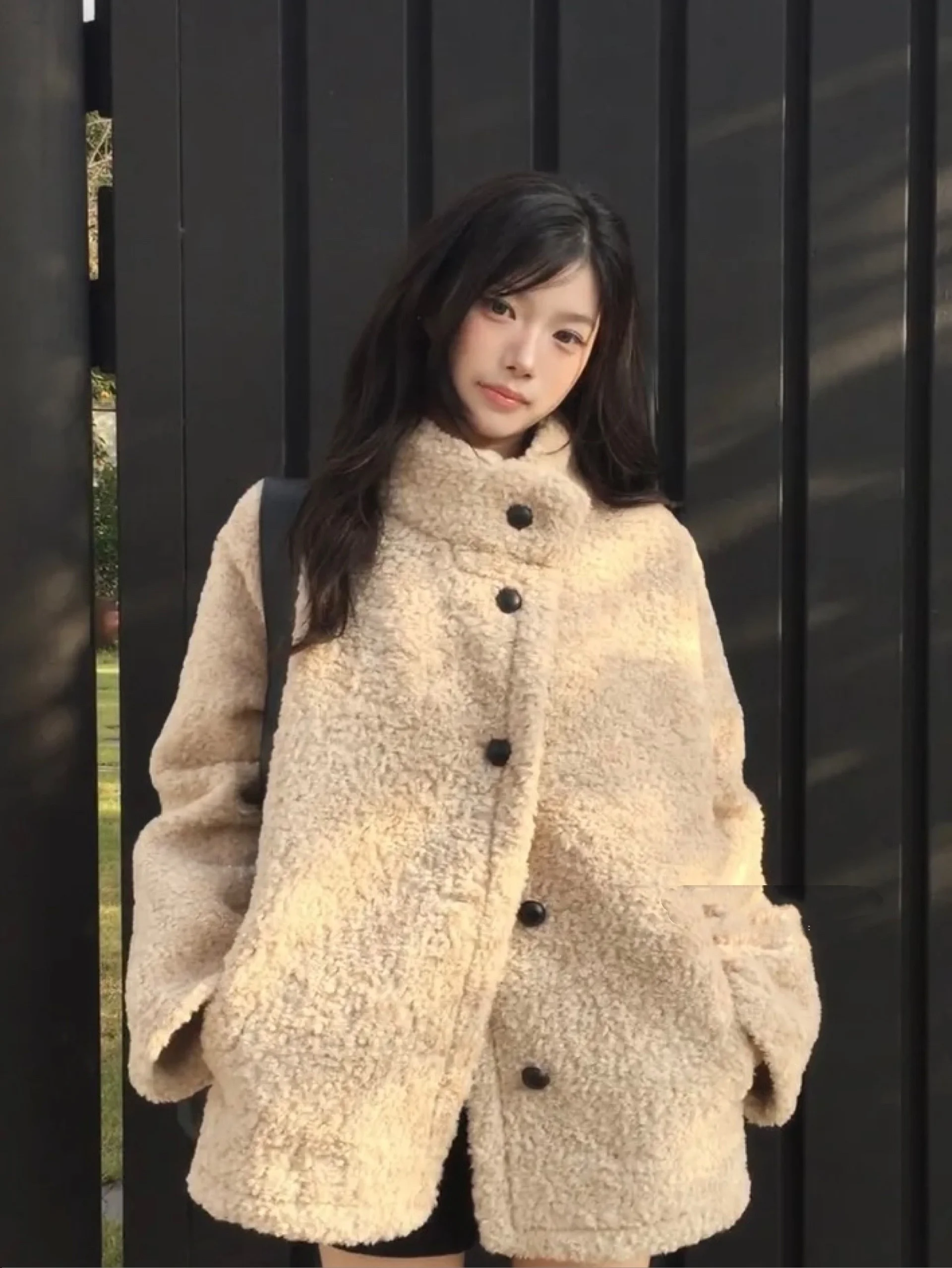 

Длинное пальто из искусственной овчины в стиле ретро в Корейском стиле, свободная верхняя одежда с воротником-стойкой для женщин, теплое гарантированное