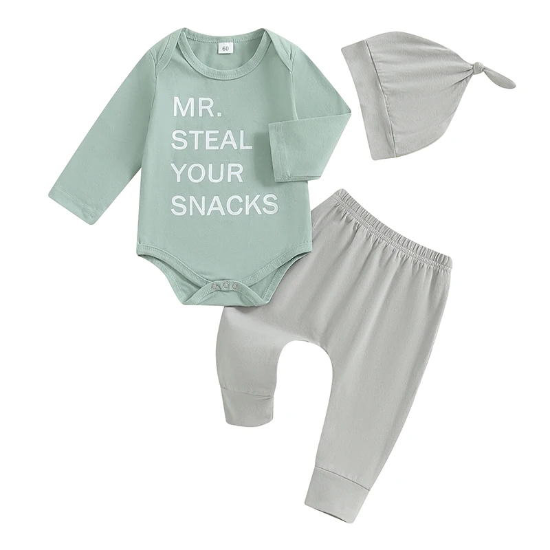 

Baby Boy Fall Outfit Letter Print Long Sleeve Romper Elastic Waist Pants Hat 3 Piece Set