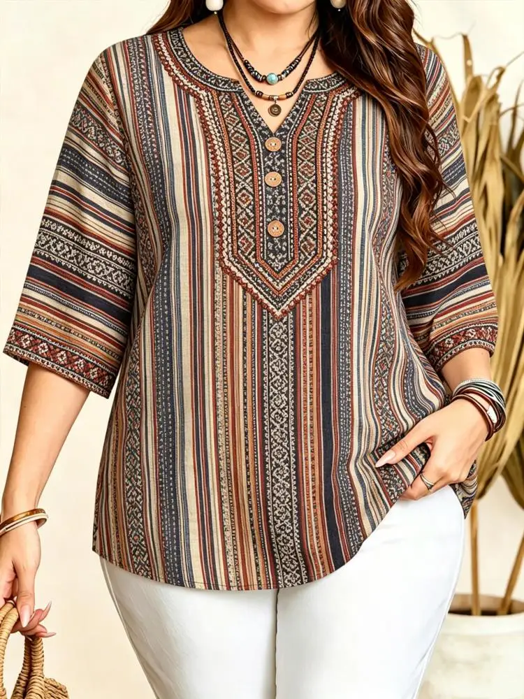 Women 3/4 Sleeve Notch V Neck Blouse Boho Ethnic Geometric Animal Print Wooden Button Loose Daily Top
