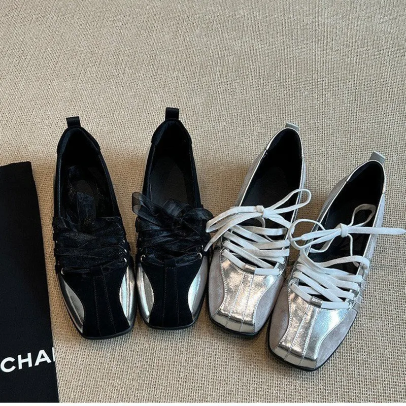 

Round toe Color-block Ballet Shoes For Women Spring And Autumn New Soft-soled Casual Lace-up MaryJanes Flat Women's Single Shoes