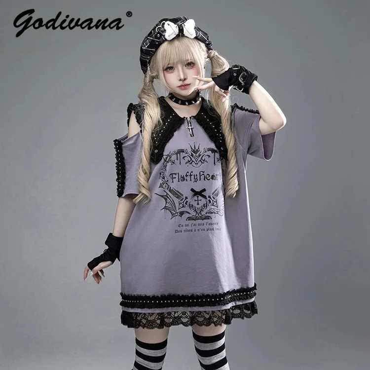 

Subculture Lace Collar Off-the-shoulder Short Sleeve T-shirt Dress Sweet Cool Girls Mid Length T-shirt Y2k Printed Lolita Tops