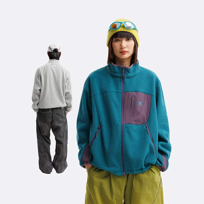 Autumn Winter Polar Fleece Wavy Stripes Jacket for Men Women Outdoor Mountain Travel Hiking Breathable Warm Sport Unisex Jacket