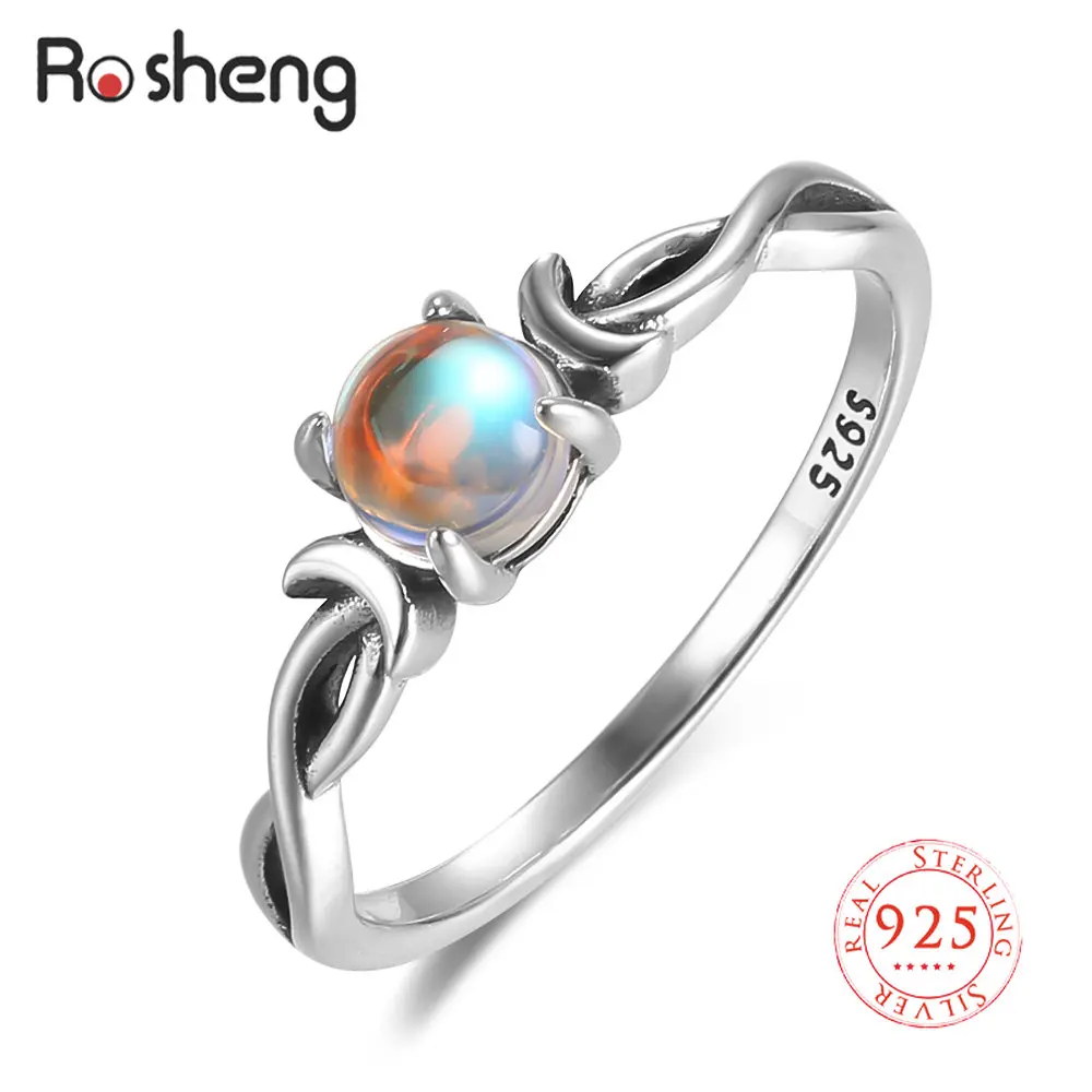 925 Sterling Silver Oval Rainbow Moonstone Flower Pendant Finger Rings for Women Girlfriend Romantic Fine Braided Wide Jewelry