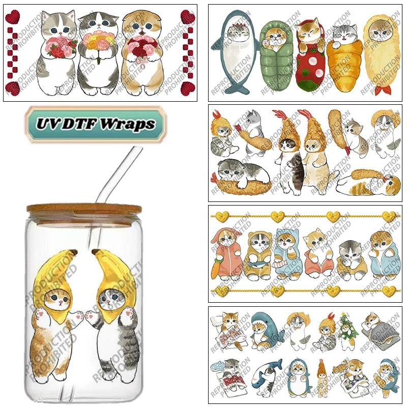 Cute Cartoon Cat Mofusand UV DTF Wraps, Funny Cat & Food Themed Stickers for 16oz Glass Cans, Waterproof DIY Transfer Decals