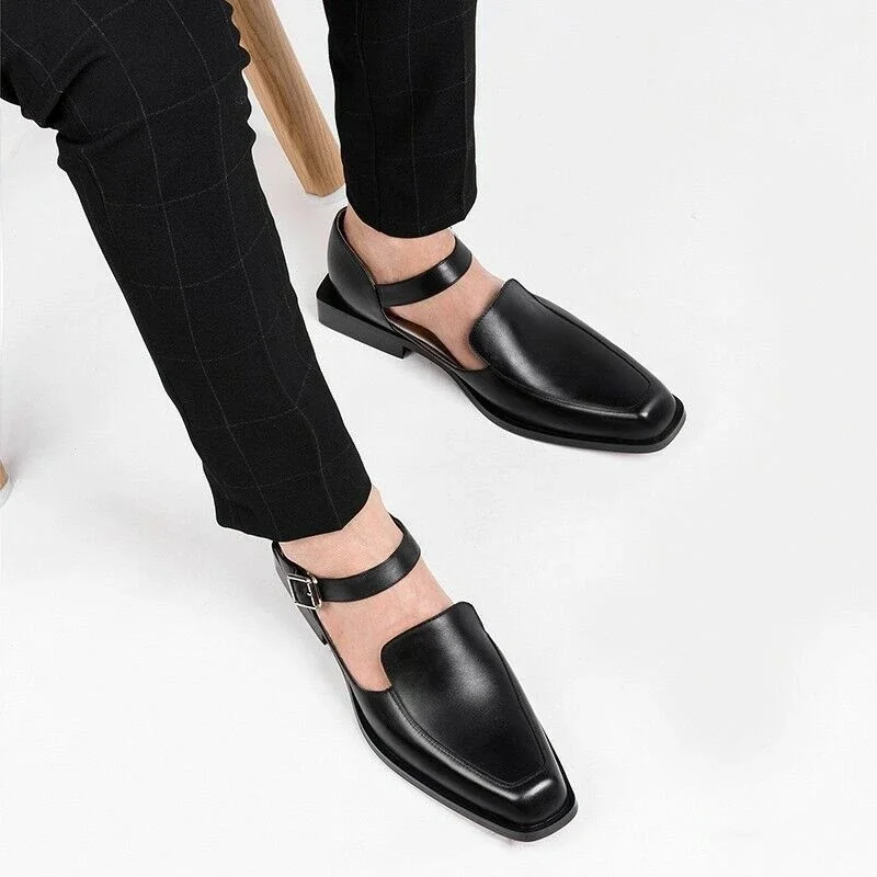 

Black Loafers for Men Buckle Strap Square Toe Business Men Shoes Sandals Pu Leather Size 38-46