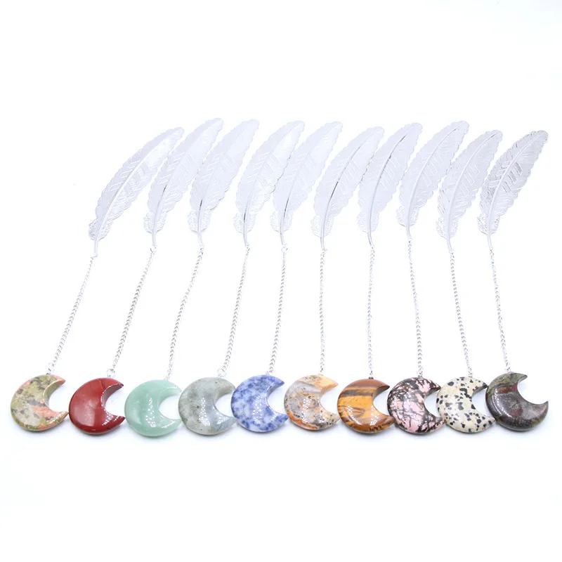 

6pcs Natural Moon Crystal Feather Charms Pendant Bookmark Clear Quartz Gemstone Creative Page Holder Stationery Decor Gift