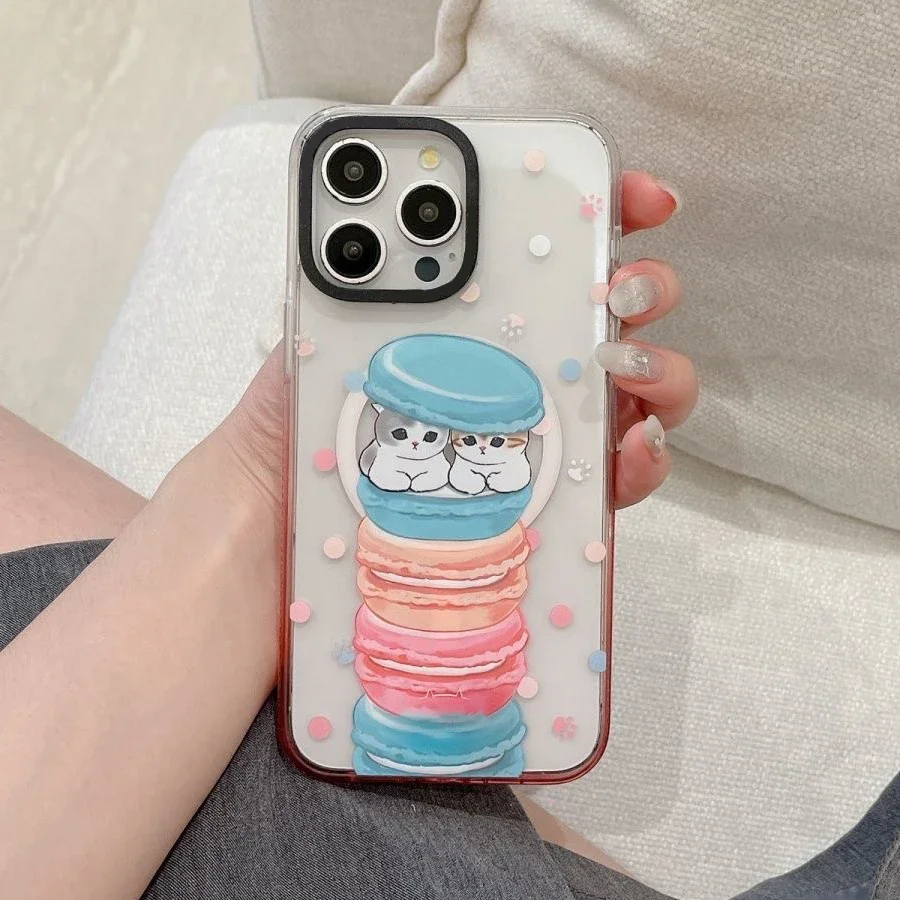 Funda magnética con borde transparente para IPhone, carcasa divertida con dibujo de gato, gradiente rosa, 13, 14, 15 Pro Max, 15 Pro Max