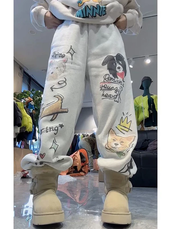 플러스 사이즈 여성용 안감 있는 프린트 탄력 허리 캐주얼 팬츠 하이웨이스트 스트레이트 레그 팬츠 패셔너블 슬리밍 롱 팬츠