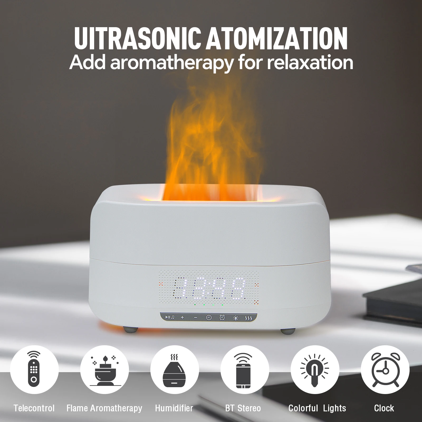 

Теплый свет, атмосфера, аналоговый увлажнитель пламени, регулируемый спрей, Bluetooth-динамик, часы, диффузор для ароматерапии, дистанционное управление