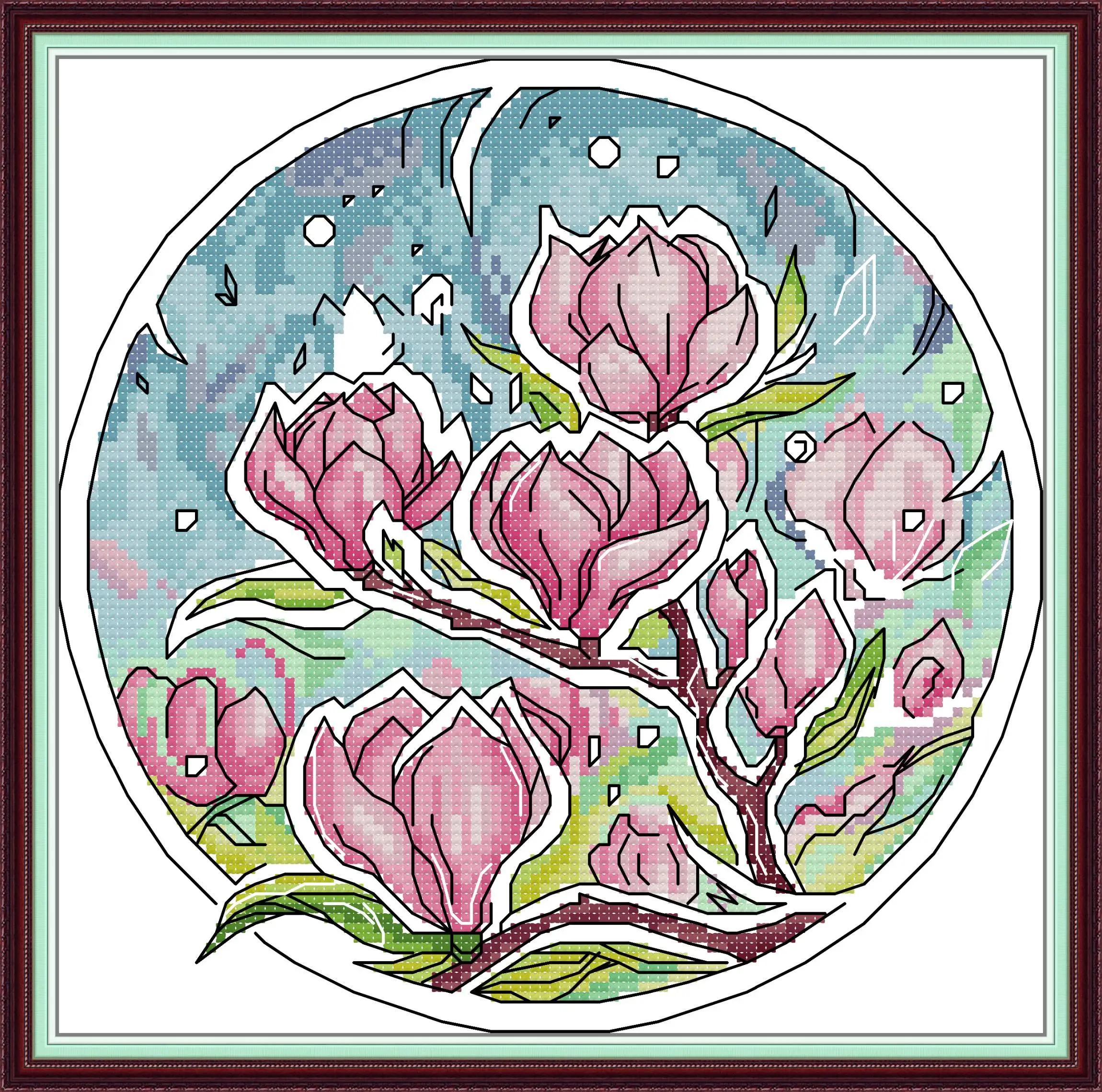 

Maydear Full Cross Stitch Kit, 11CT/14CT/16CT/9CT Aida Fabric,DMC Threads Sewing Pattern Embroidery Set-Magnolia (Round)