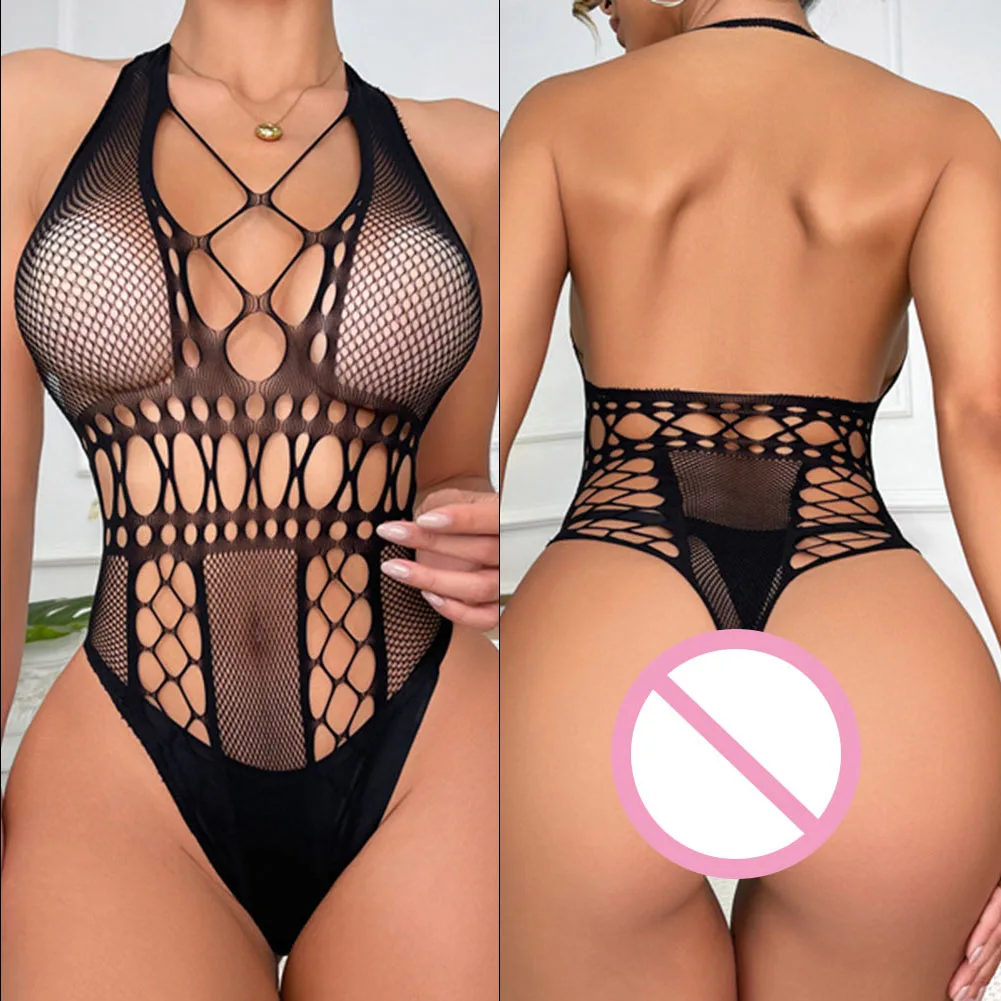 

Bodysuit Women Underwear Club Home Backless Lingerie Nightwear See Though Solid Color Fishnet High CutClubwear
