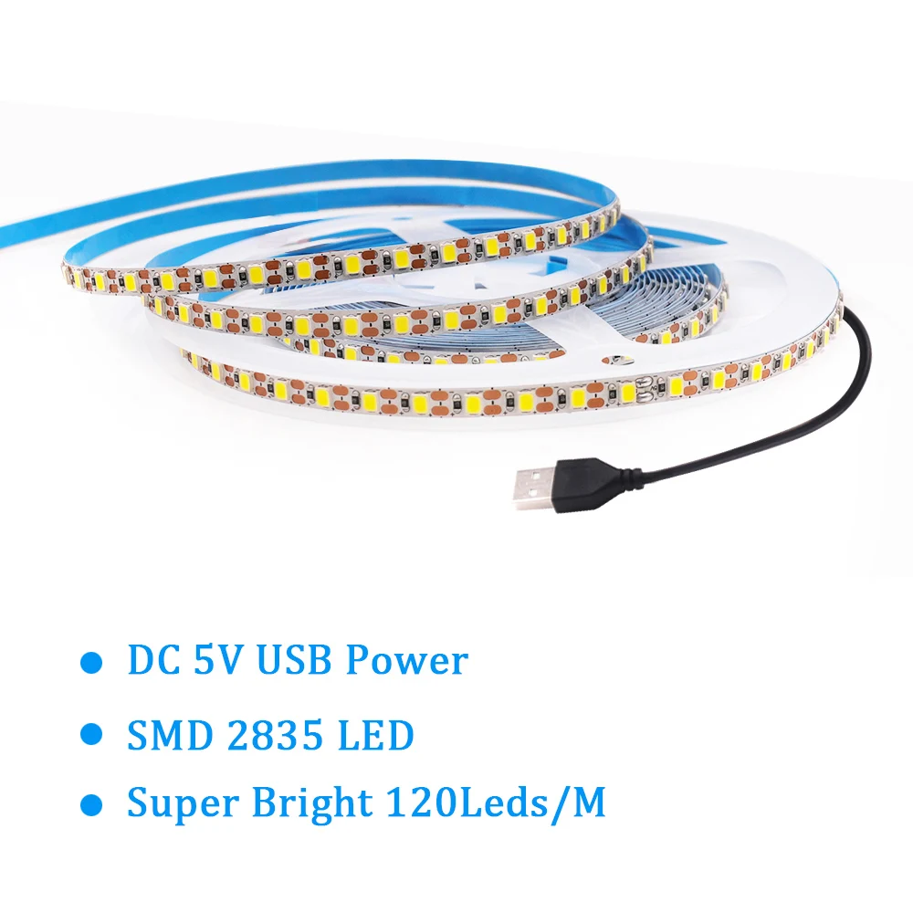 Tira de luces LED de 5V para decoración del hogar, 2835 cinta Flexible con USB, 3mm, 5mm, 8mm, PCB, 120 LED, blanco frío Natural cálido, 0,5 m, 1m, 2m, 5m