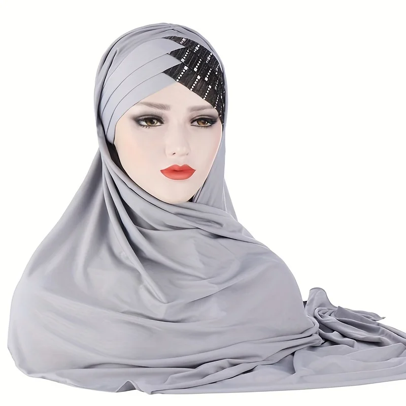 Forehead Sequins Instant Hijab Solid Color Soft Smooth Stretchy Pullover Head Wrap Casual Sunscreen Turban