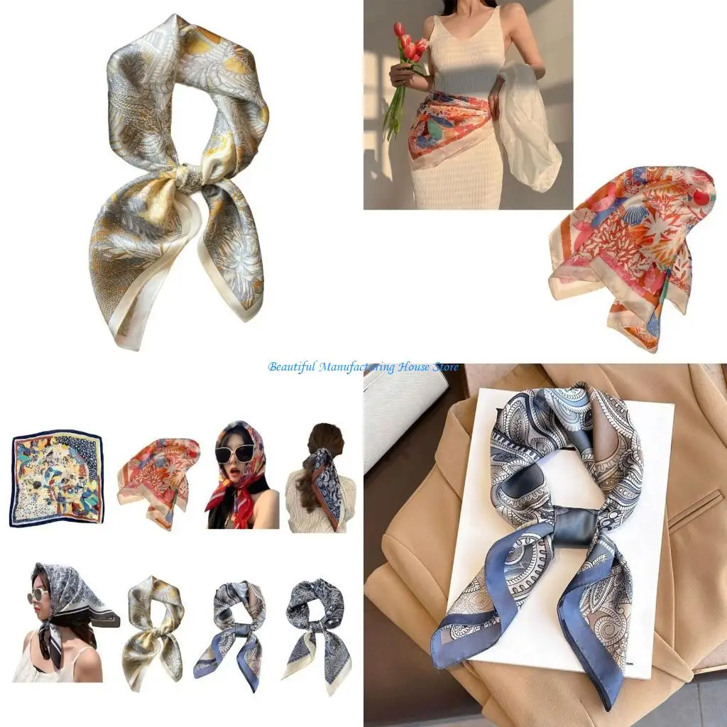 E56A Women Fashion Flower Print Head Scarf Sunproof Headwrap Square Scarf for Elegant Occasion Vacation Photography Props