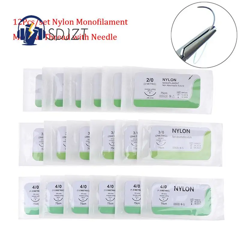 12 PCS 2/0 3/0 4/0 Needle Suture Nylon Monofilament Non-injured Suture Medical Thread Suture for Medical Surgical Suture Tool