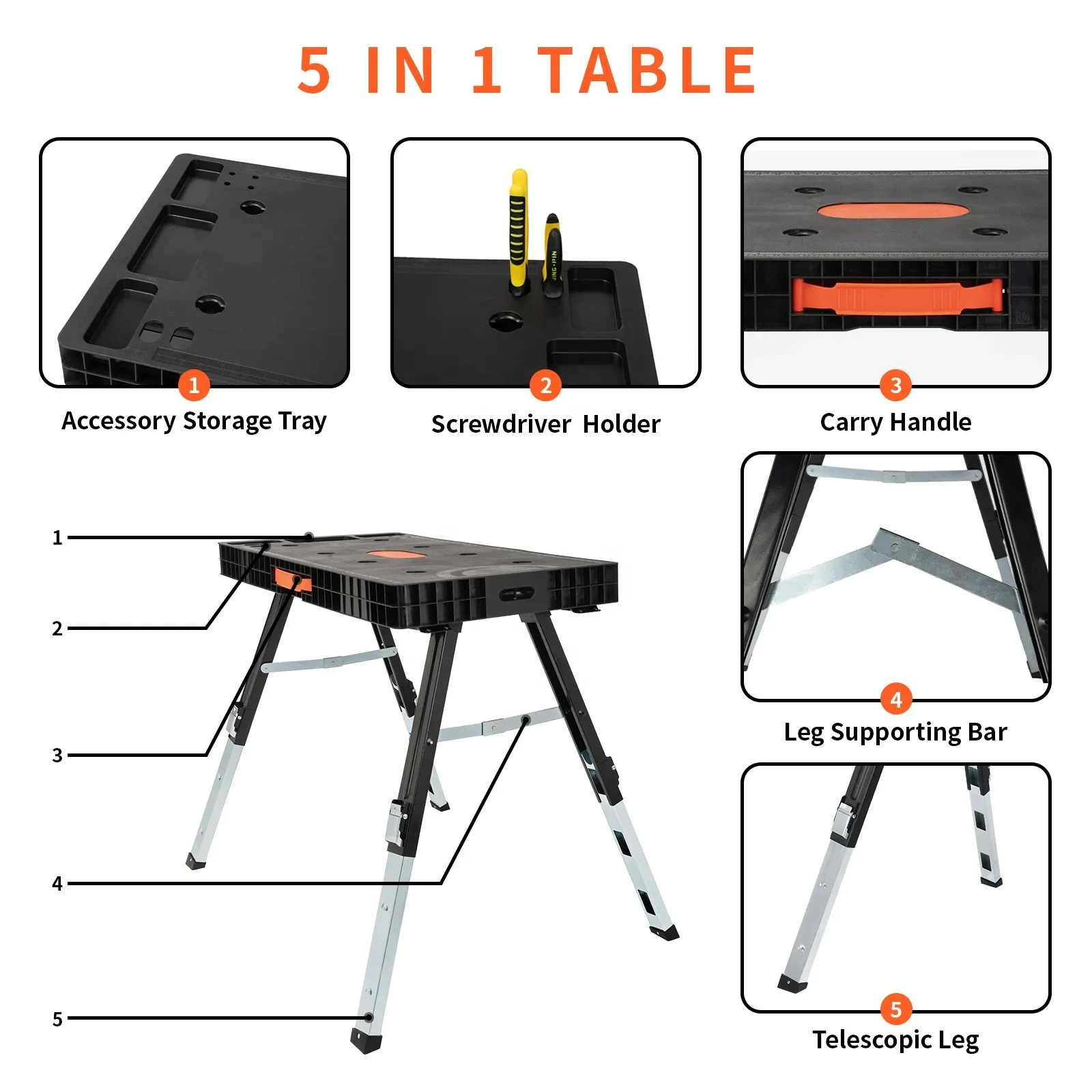 VERTAK Mobile Outdoor 5 In 1 Woodworking Table Foldable Garage Workbench