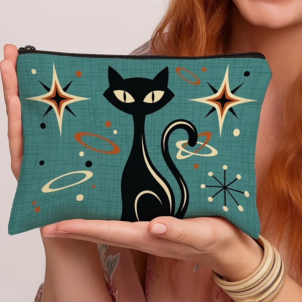 Mid Century Modern Black Cat Print Pencil Case Retro Atomic Star Pattern Zipper Cosmetic Pouch Portable Storage Gift Cat Lovers