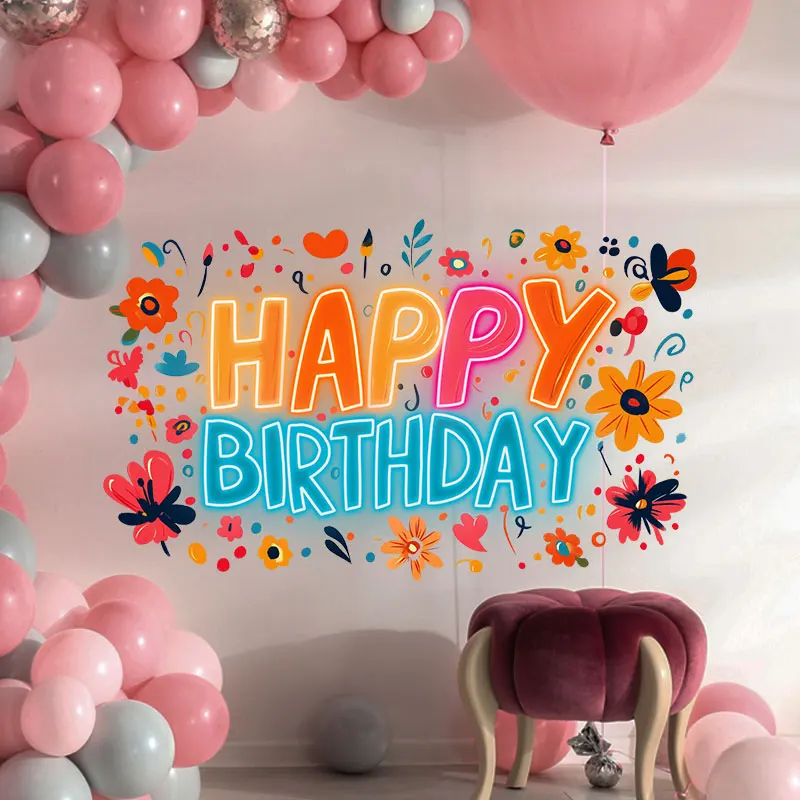 Bright Happy Birthday Neon Sign with Flowers, Fun LED Light Decoration for Party, Kids Room and Celebration, Perfect Gift Idea!