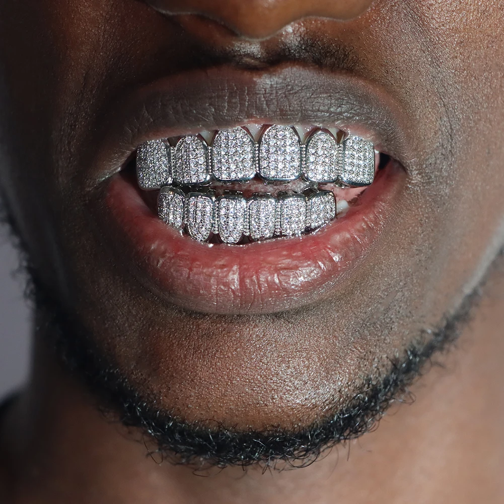 Iced Out-złote, posrebrzane zęby Grillz, Unisex, błyszczące, pełna cyrkonia, zestaw grillów, Hip-hopowa biżuteria dentystyczna