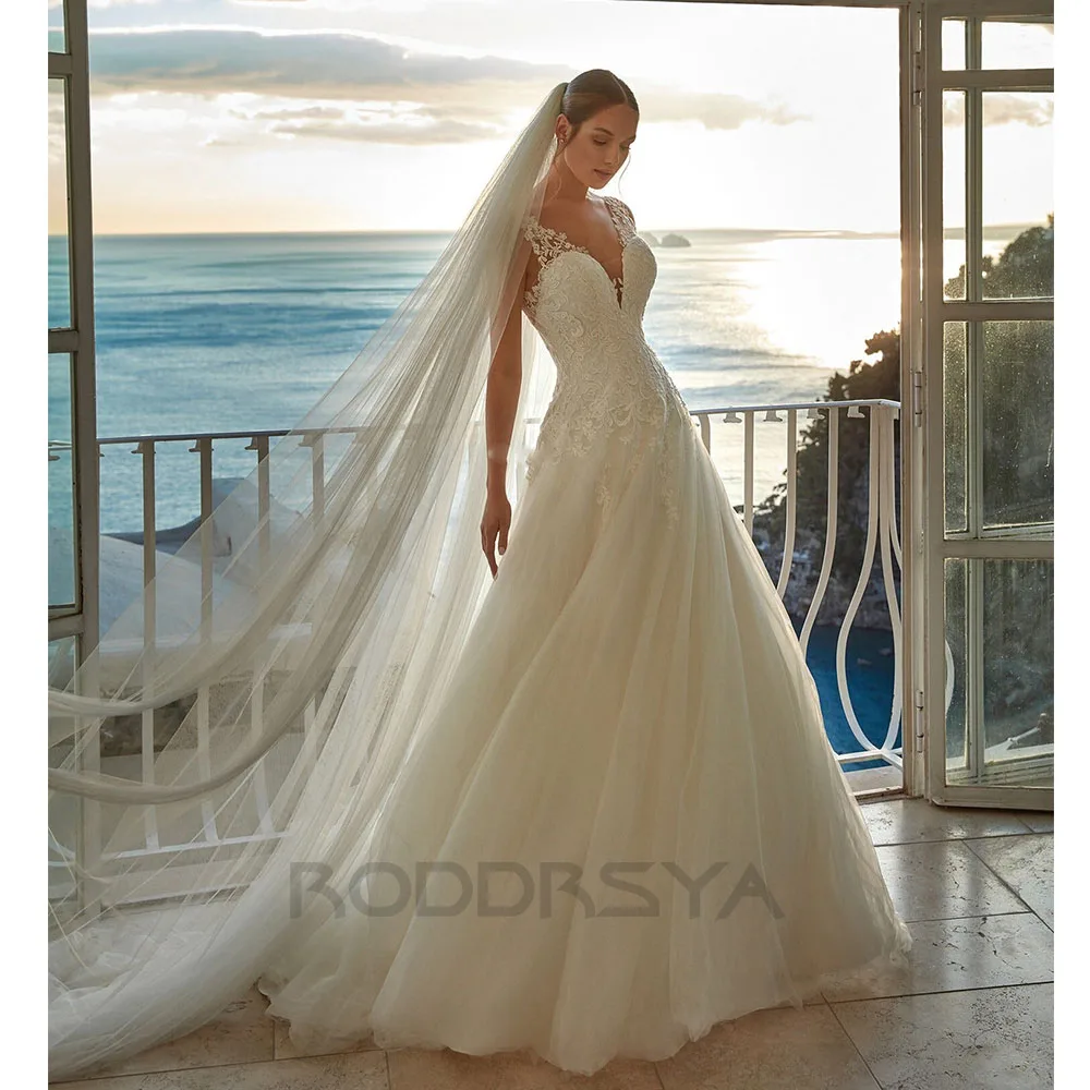 RODDRSYA-Vestidos De Novia bohemios para mujer, Vestidos De Novia elegantes con cuello en V, apliques De línea A, espalda descubierta con botones, hechos a medida, 2023