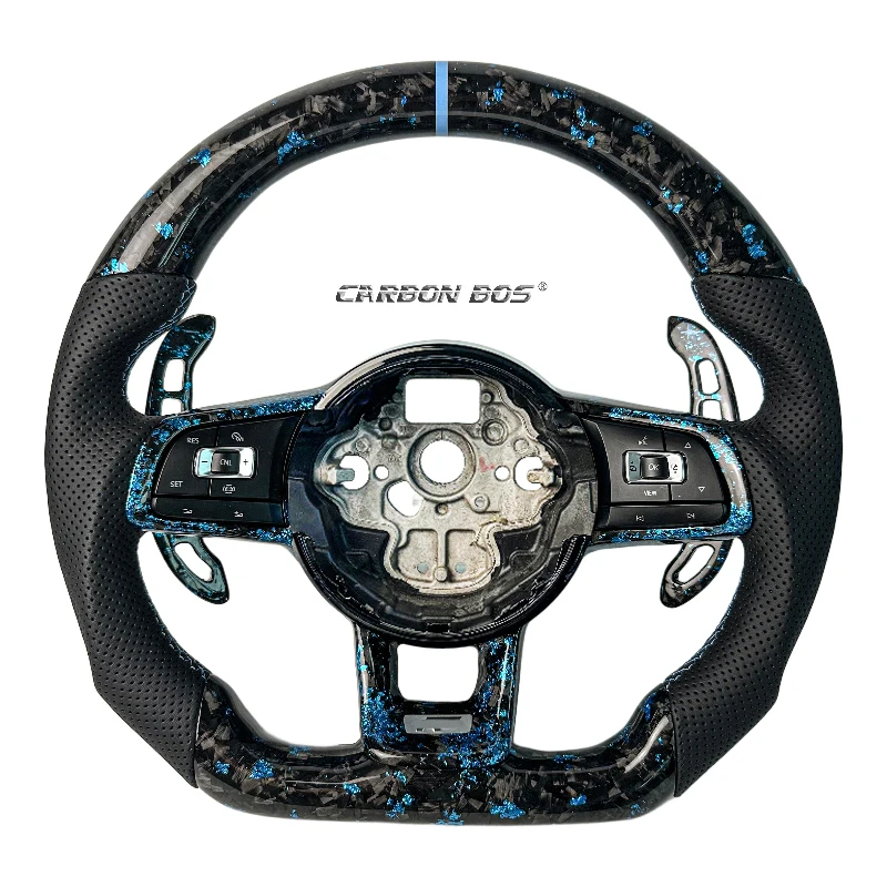 Factory custom hot-selling model true blue forged carbon fiber perforated leather sports steering wheel for VW MK7 Golf GTI