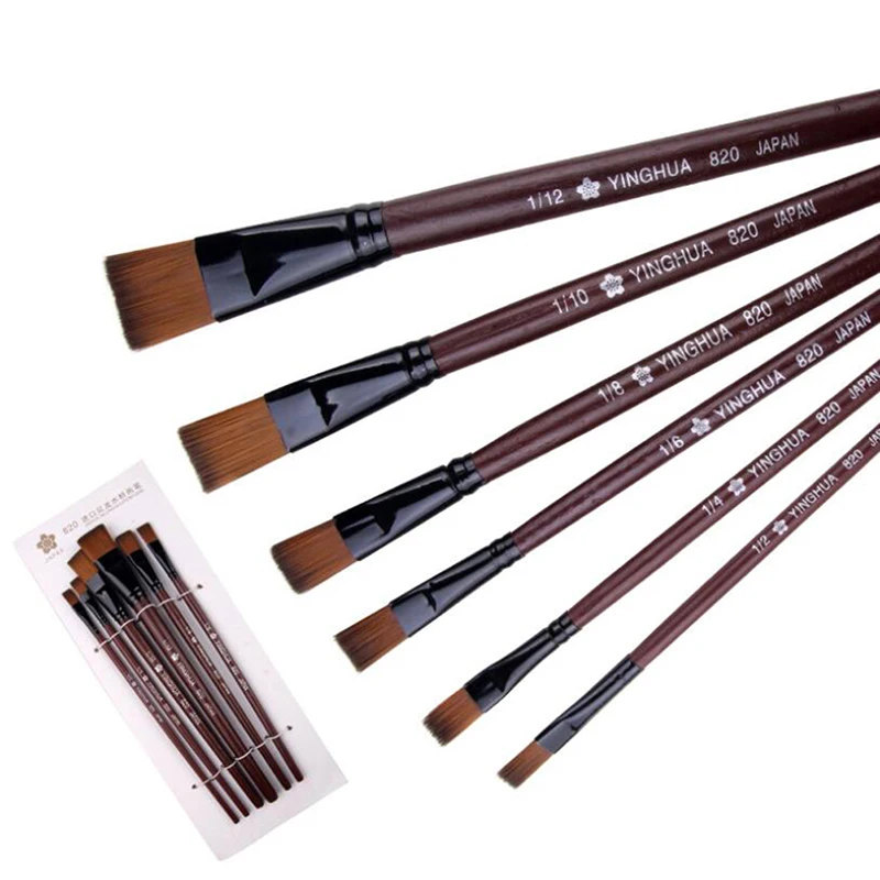 6Pcs Flat Nylon Hair Oil Painting Acrylic Painting Brushes Artist Supplies