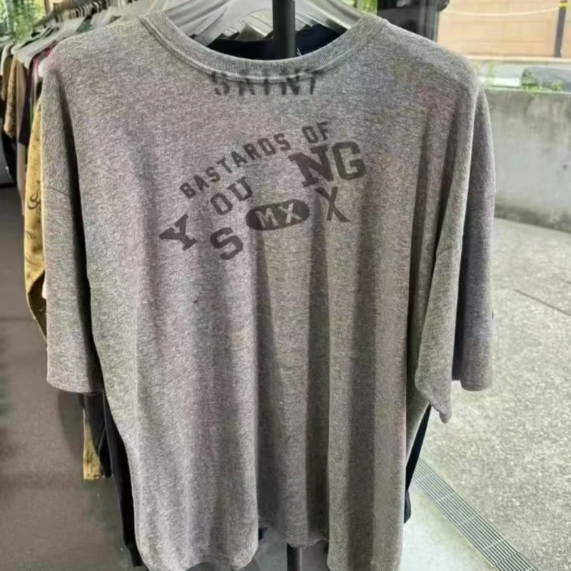 

Grey Lettered Saint Tshirts High Street Vintage Washed Retro Short-sleeved T-shirt for Men Women