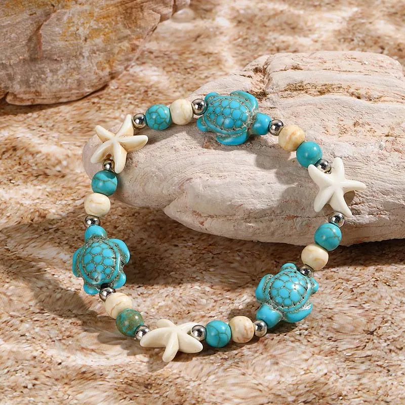 Boho Sea Shell Starfish Bracelet for Women  Fashion Tortoise Charm Handmade Woven Rope Beads Summer Jewelry Beach Gifts