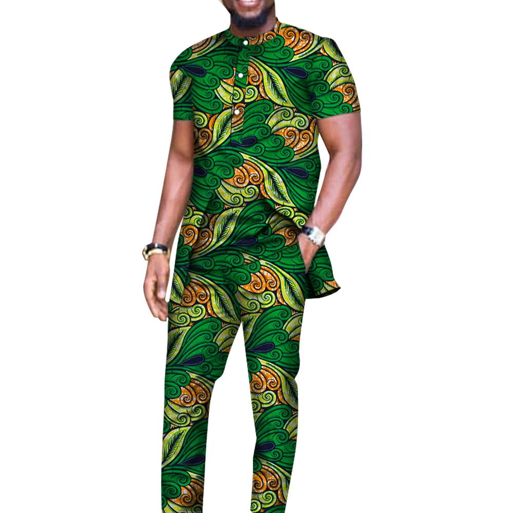 Bazin Riche Men 2 Pieces Pants Sets African Design Clothing African Clothes Casual Men Long Top Shirts and Pants Sets WYN514