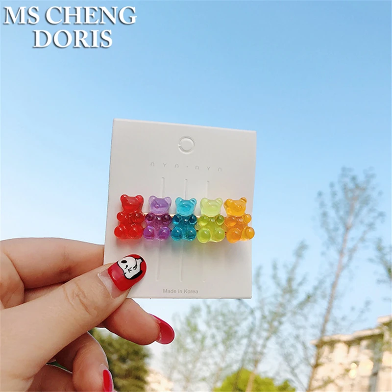 MSCHENGDORIS Candy Color Jelly Bear Hair Clip Women Girl Cartoon Transparent Bear Barrette Fashion Cute Resin Gummy Bear Jewelry