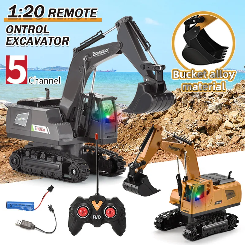 5 Channels 1:20 RC Trucks Remote Control Excavator Alloy Bucket Electric Light Music Crawler Construction Vehicle Toy Boy