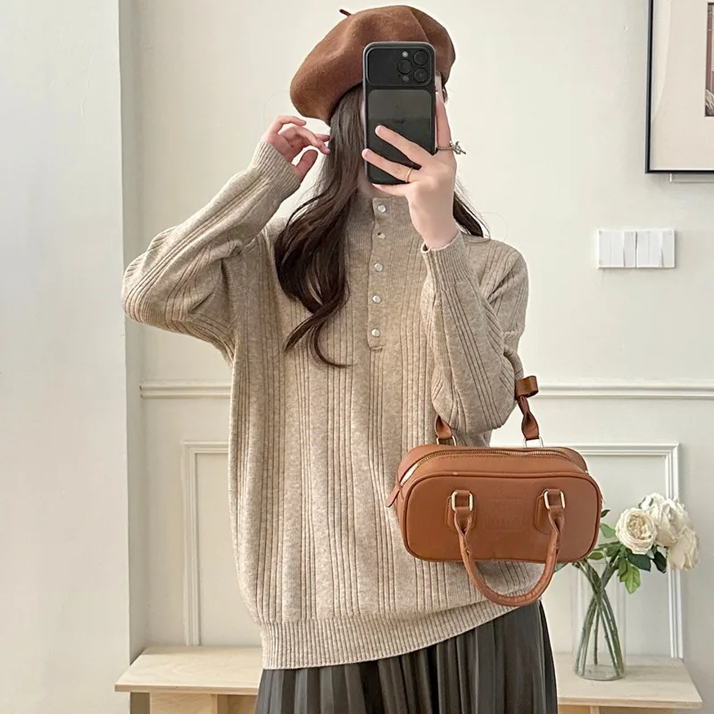 Women Half Turtleneck Knit Sweater Autumn Winter Vertical Rib Slim Hide Belly Button Decor Base Top