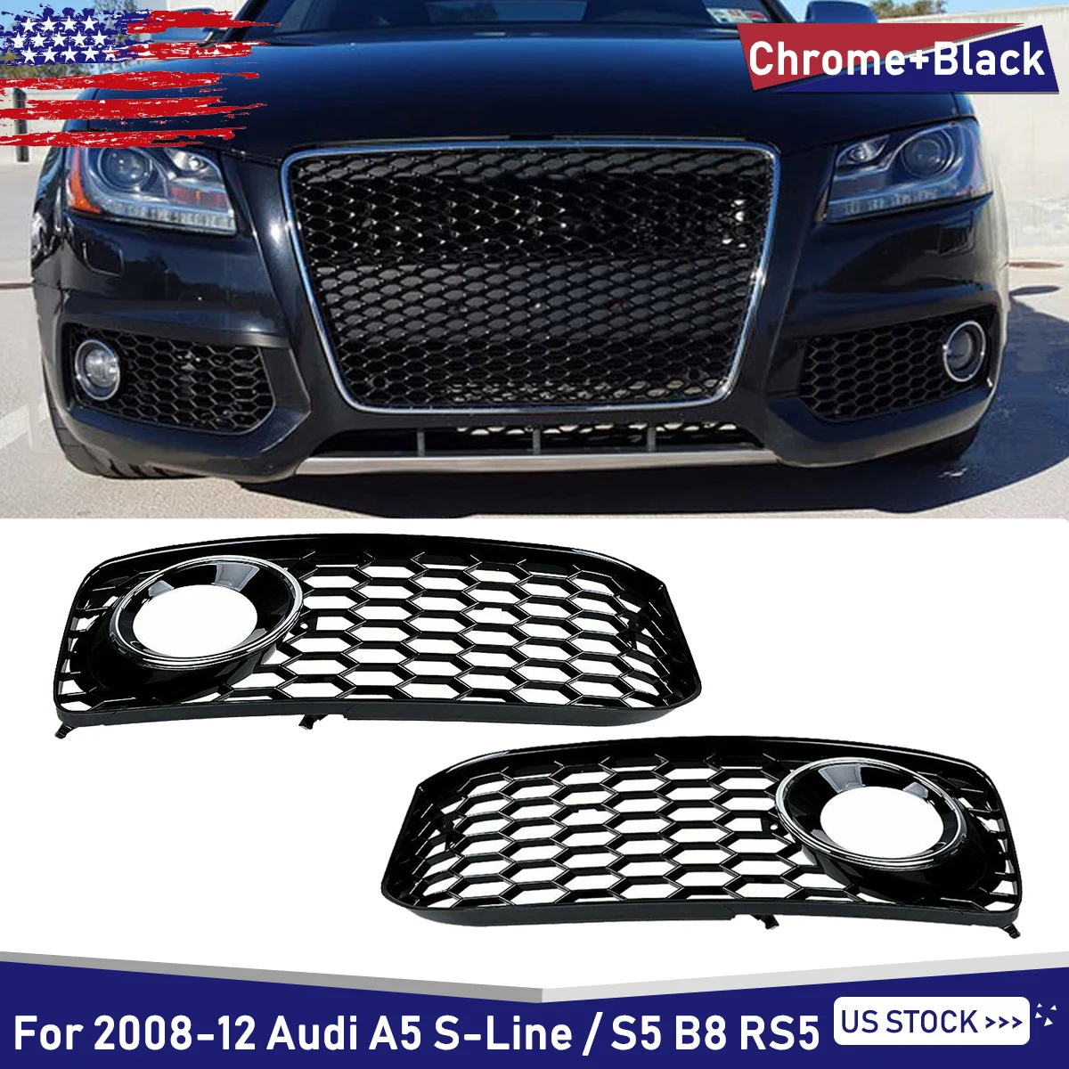 

Сотовая решетка противотуманных фар в стиле RS5, хромированное кольцо для Audi S5 B8 Coupe 2008-2012 гг.