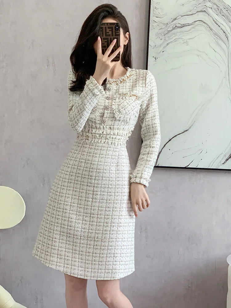 High Quality Luxury Design Runway Small Fragrance Tweed Dresses For Women Fashion Beading Winter Woolen Dress Female Party Dress