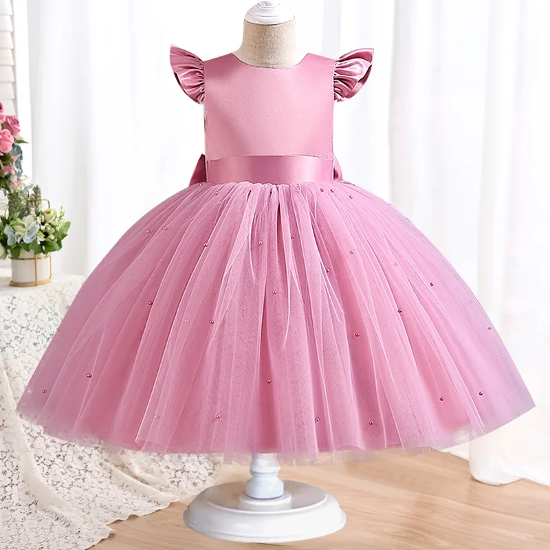 

Girls' Pearl Princess Dress 3-10 Year Old Children's Small Flying Sleeve Big Bow Mesh Dress Halloween Banquet Evening Dress