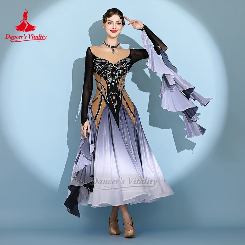 Black and White Gradient Color Social Dance Professional Dress Adult Waltz Tango Clothing Size Can Be Custom Dancer's Vitality