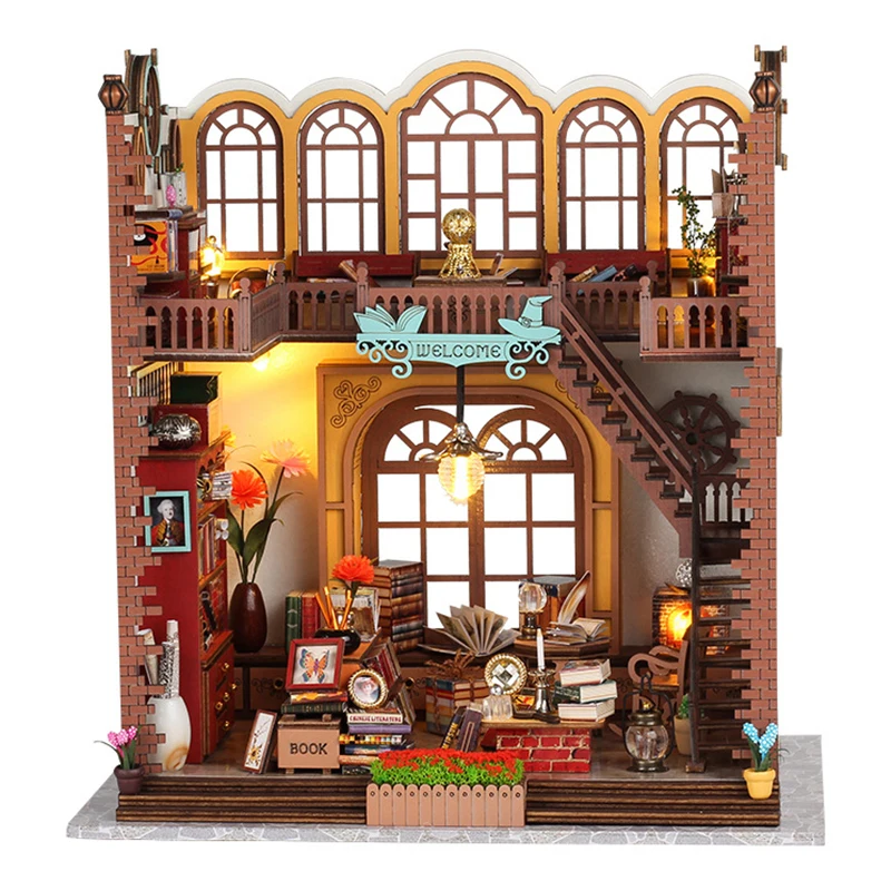 DIY Wooden Miniature Model Kit Magic Bookstore Doll Houses 3D Puzzle Dollhouse With Furniture LED Lights for Friends Gifts