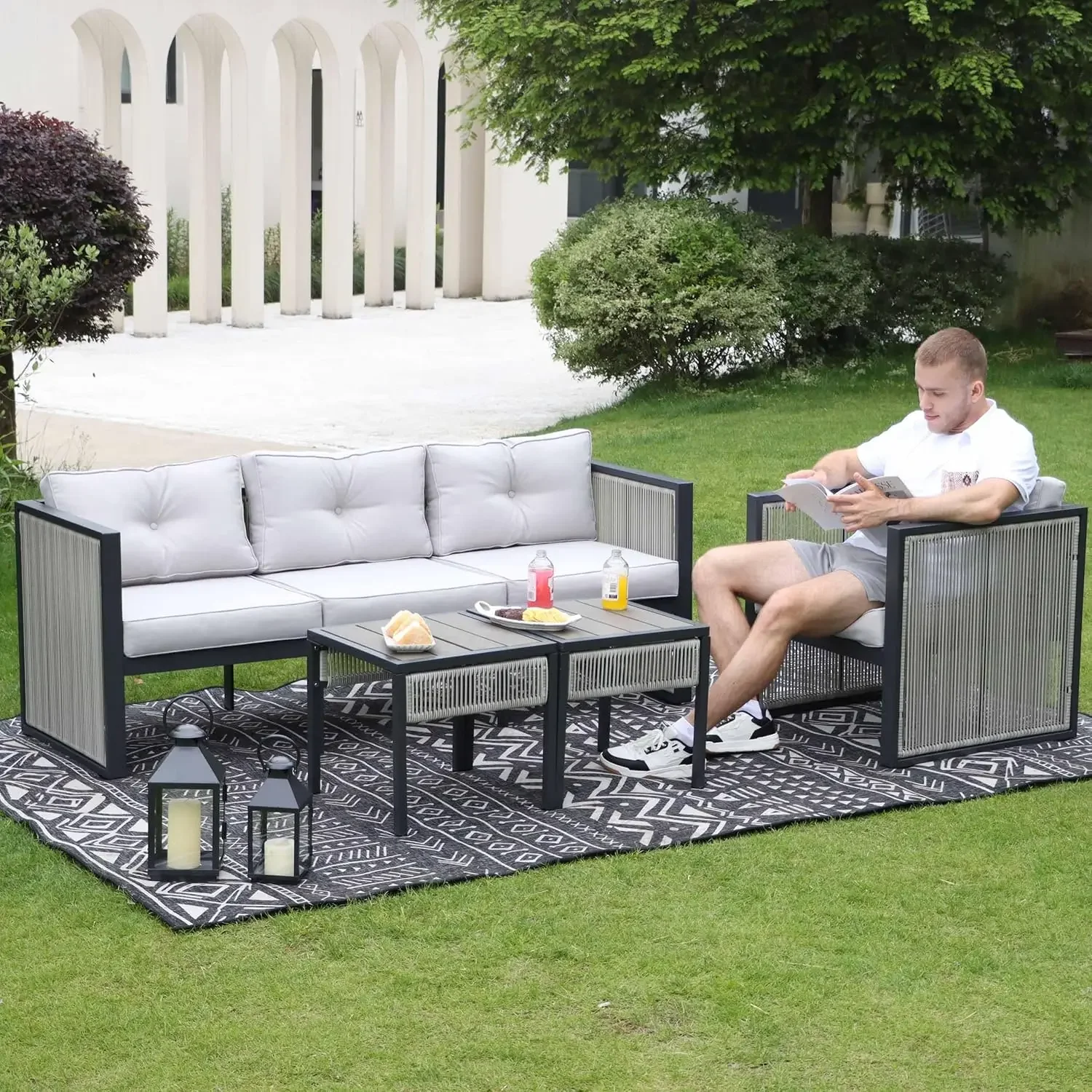 Set, 4 Pieces Outdoor Sectional Sofa Set with Table, All Weather PE Rattan Metal Frame with 4